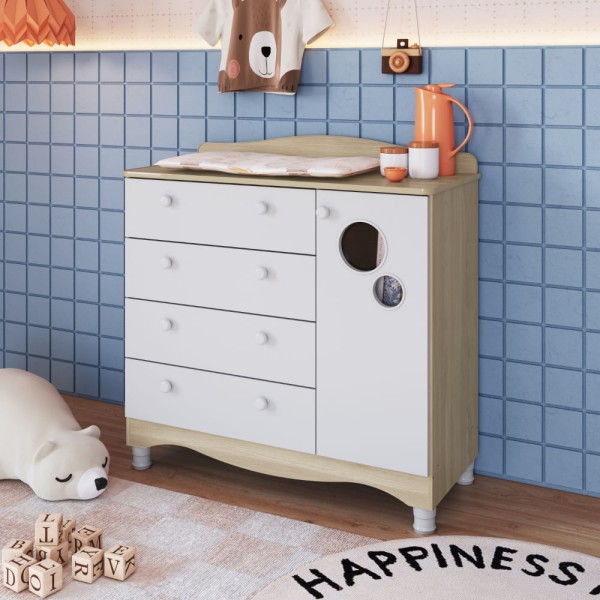 Encontraproduto.com.br - Cômoda Infantil 4 Gavetas 1 Porta Fraldário Linha Encanto 90cm Carvalho/Branco - Completa Móveis