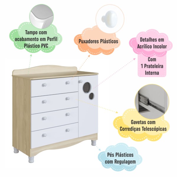 Encontraproduto.com.br - Cômoda Infantil 4 Gavetas 1 Porta Fraldário Linha Encanto 90cm Carvalho/Branco - Completa Móveis