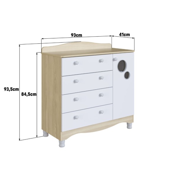 Encontraproduto.com.br - Cômoda Infantil 4 Gavetas 1 Porta Fraldário Linha Encanto 90cm Carvalho/Branco - Completa Móveis