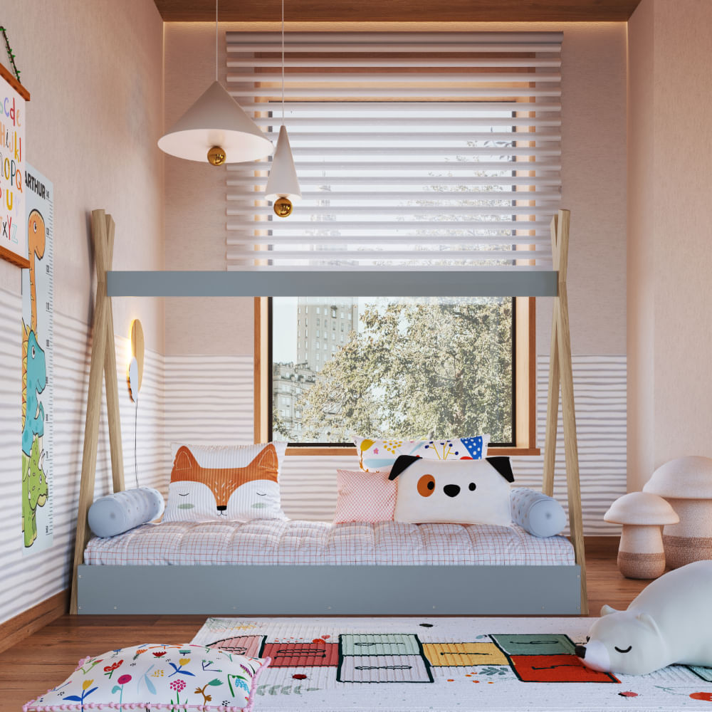 Encontraproduto.com.br - Cama Montessoriana Infantil Cabana com Colchão 188x78cm Linha Infanto Azul - Completa Móveis
