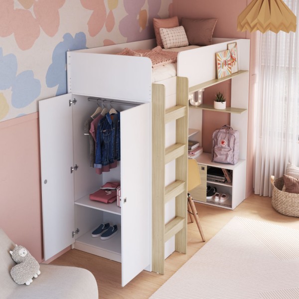 Encontraproduto.com.br - Cama Infantil Multifuncional Elevada com Armário e Escrivaninha Branco/Carvalho - Completa Móveis