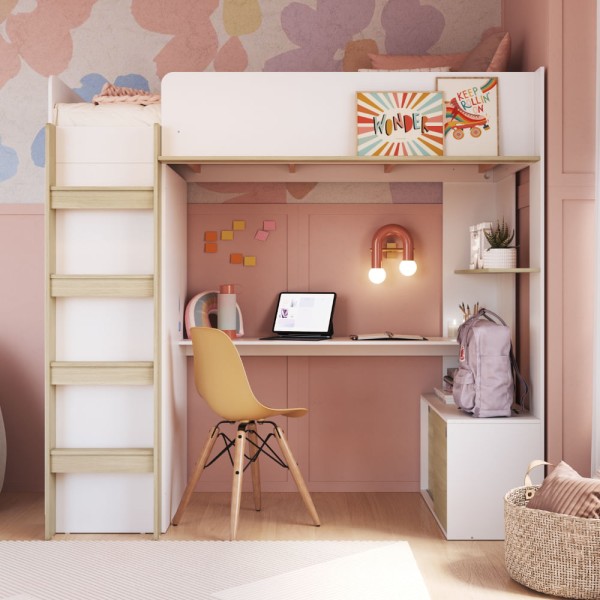 Encontraproduto.com.br - Cama Infantil Multifuncional Elevada com Armário e Escrivaninha Branco/Carvalho - Completa Móveis