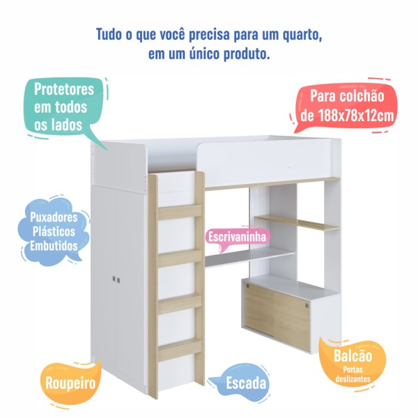 Encontraproduto.com.br - Cama Infantil Multifuncional Elevada com Armário e Escrivaninha Branco/Carvalho - Completa Móveis