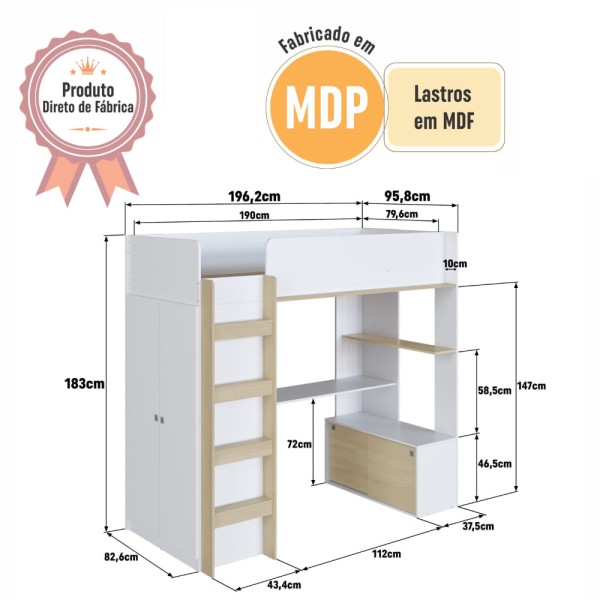 Encontraproduto.com.br - Cama Infantil Multifuncional Elevada com Armário e Escrivaninha Branco/Carvalho - Completa Móveis