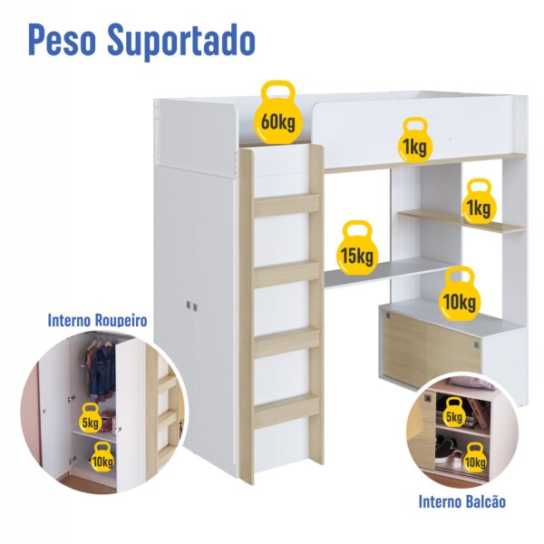 Encontraproduto.com.br - Cama Infantil Multifuncional Elevada com Armário e Escrivaninha Branco/Carvalho - Completa Móveis
