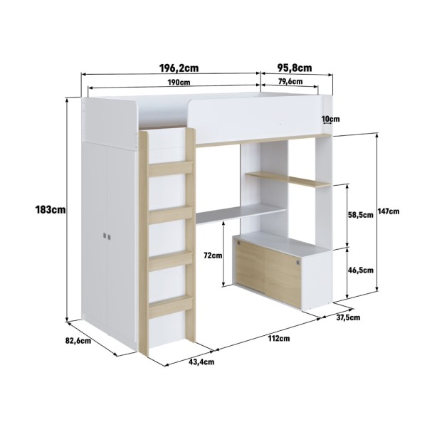 Encontraproduto.com.br - Cama Infantil Multifuncional Elevada com Armário e Escrivaninha Branco/Carvalho - Completa Móveis