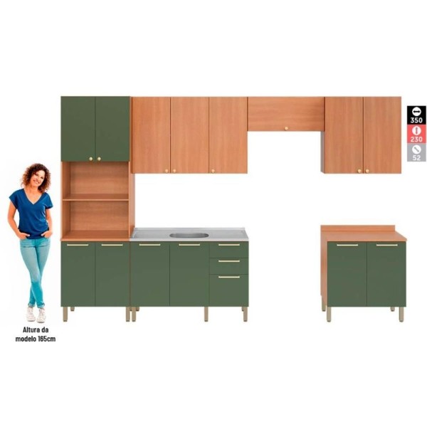 Encontraproduto.com.br - Cozinha Modulada Telasul Thela Sálvia Thela Sálvia 6 Peças (3aéreos+2 Balcões+1paneleiro) Czc36 Freijo-verde-telasul