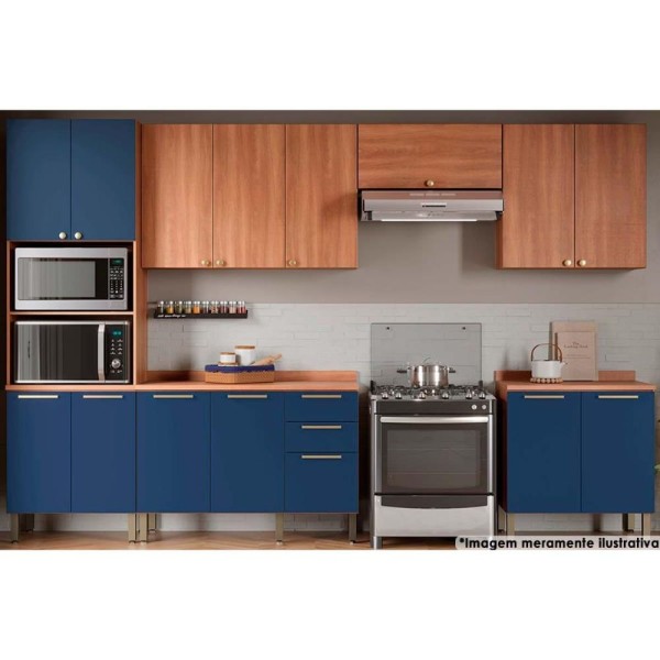 Encontraproduto.com.br - Kit Cozinha Completa 6 Peças Thela Sálvia (3Aéreos+2Balcões+1Paneleiro) CZC37 Freijo/Azul - Telasul