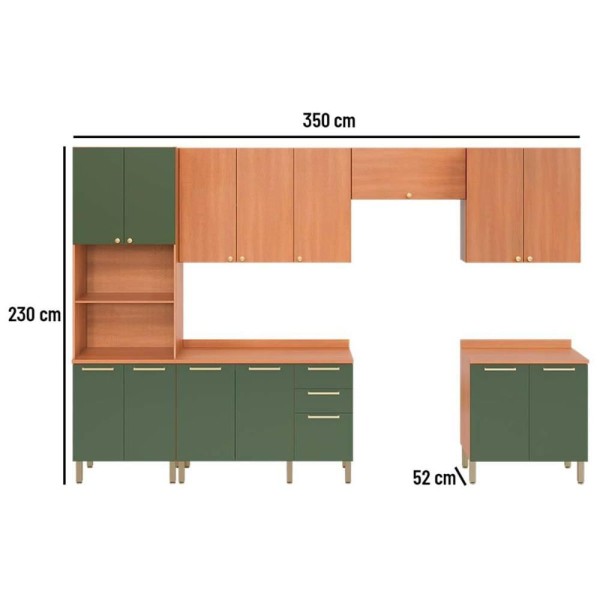Encontraproduto.com.br - Kit Cozinha Completa 6 Peças Thela Sálvia (3Aéreos+2Balcões+1Paneleiro) CZC37 Freijo/Azul - Telasul