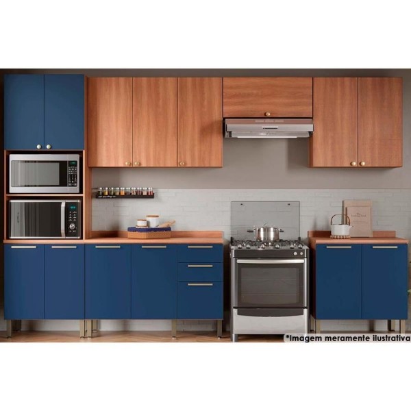 Encontraproduto.com.br - Kit Cozinha Completa 6 Peças Thela Sálvia (3Aéreos+2Balcões+1Paneleiro) CZC37 Freijo/Azul - Telasul