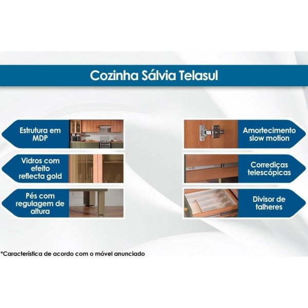 Encontraproduto.com.br - Cozinha Modulada Completa Thela Sálvia 5 Peças (2aéreos+2 Balcões+1paneleiro) Czc30 Freijo/verde - Telasul