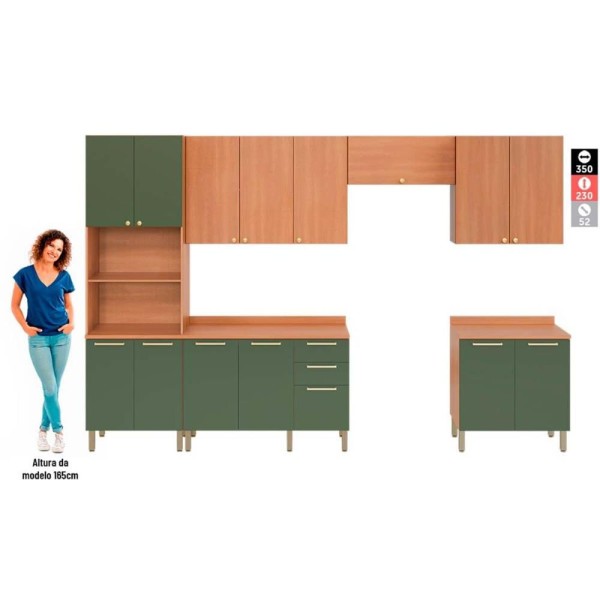 Encontraproduto.com.br - Cozinha Completa Thela Sálvia 6 Peças (3Aéreos+2Balcões+1Paneleiro) CZC37 Freijo/Verde - Telasul