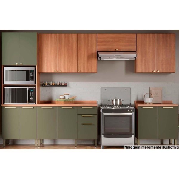 Encontraproduto.com.br - Cozinha Completa Thela Sálvia 6 Peças (3Aéreos+2Balcões+1Paneleiro) CZC37 Freijo/Verde - Telasul