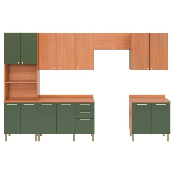 Encontraproduto.com.br - Cozinha Completa Thela Sálvia 6 Peças (3Aéreos+2Balcões+1Paneleiro) CZC37 Freijo/Verde - Telasul