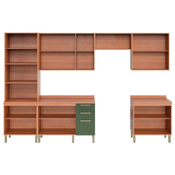 Encontraproduto.com.br - Cozinha Completa Thela Sálvia 6 Peças (3Aéreos+2Balcões+1Paneleiro) CZC37 Freijo/Verde - Telasul