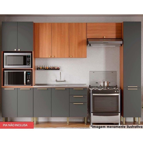 Encontraproduto.com.br - Cozinha Completa Thela Sálvia 5 Peças (2Aéreos+1Balcão+2Paneleiros) CZC28 Freijo/Grafite - Telasul