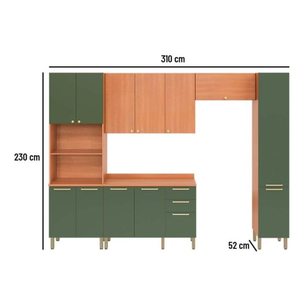 Encontraproduto.com.br - Cozinha Completa Thela Sálvia 5 Peças (2Aéreos+1Balcão+2Paneleiros) CZC29 Freijo/Verde - Telasul