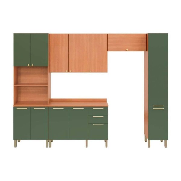 Encontraproduto.com.br - Cozinha Completa Thela Sálvia 5 Peças (2Aéreos+1Balcão+2Paneleiros) CZC29 Freijo/Verde - Telasul