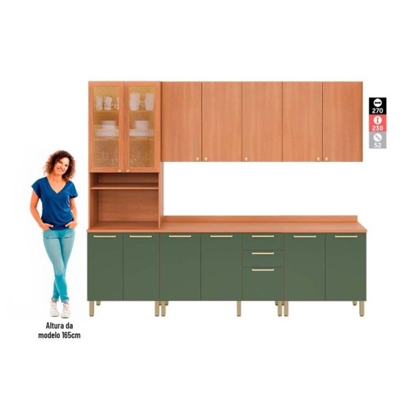 Encontraproduto.com.br - Cozinha Completa Thela Sálvia 5 Peças (2Aéreos+2 Balcões+1Paneleiro) CZC31 Freijo/Verde - Telasul