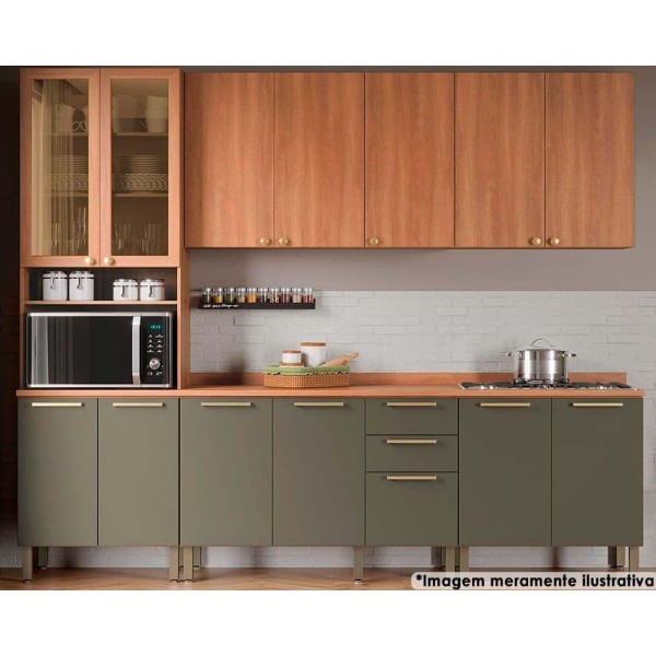 Encontraproduto.com.br - Cozinha Completa Thela Sálvia 5 Peças (2Aéreos+2 Balcões+1Paneleiro) CZC31 Freijo/Verde - Telasul