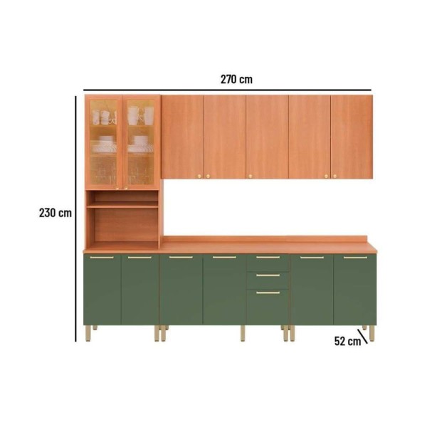 Encontraproduto.com.br - Cozinha Completa Thela Sálvia 5 Peças (2Aéreos+2 Balcões+1Paneleiro) CZC31 Freijo/Verde - Telasul