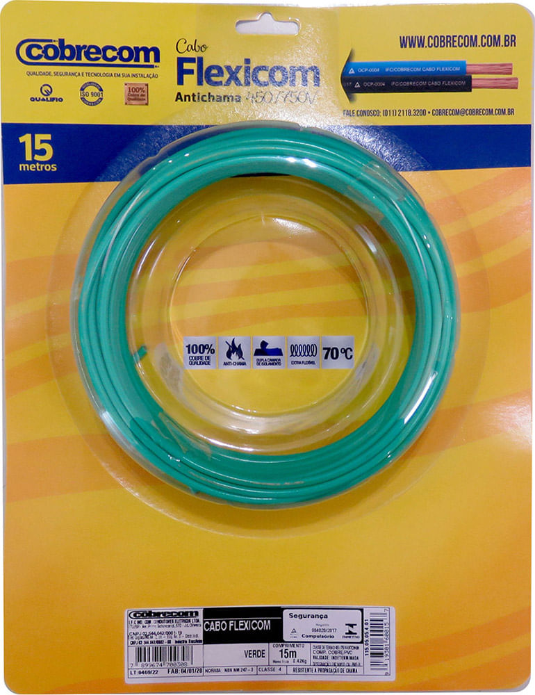 Encontraproduto.com.br - Cabo Flexível 4MM 15 Metros 750V Verde Cobrecom Fios