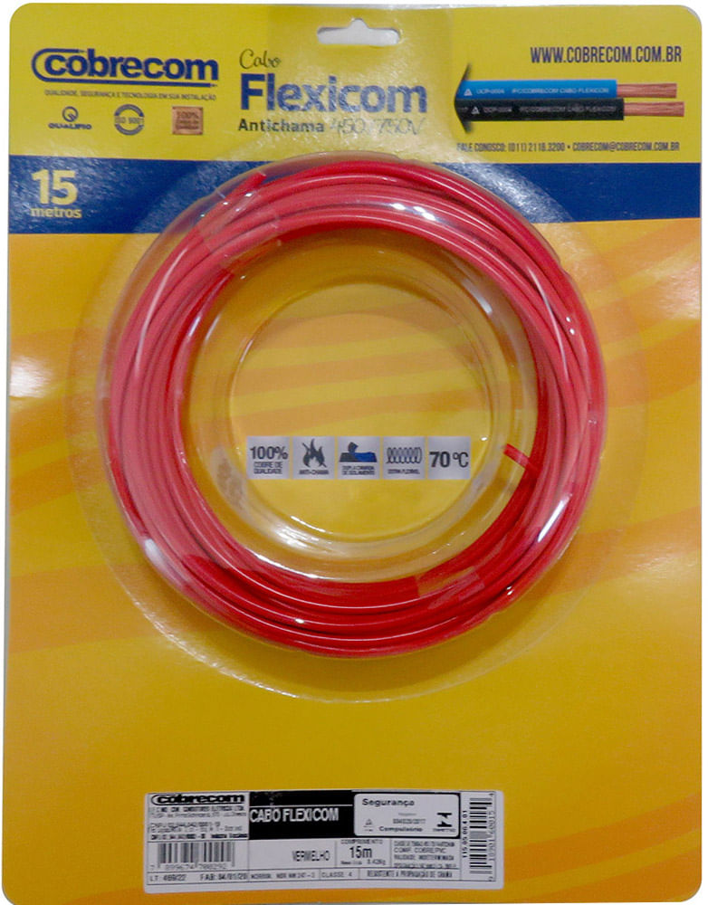 Encontraproduto.com.br - Cabo Flexível 6MM 15 Metros 750V Vermelho Cobrecom Fios