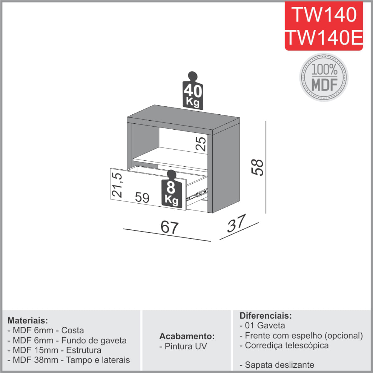 Encontraproduto.com.br - Mesa de Cabeceira em MDF 67 cm com 1 Gaveta TW140 Freijó/Off White Dalla Costa