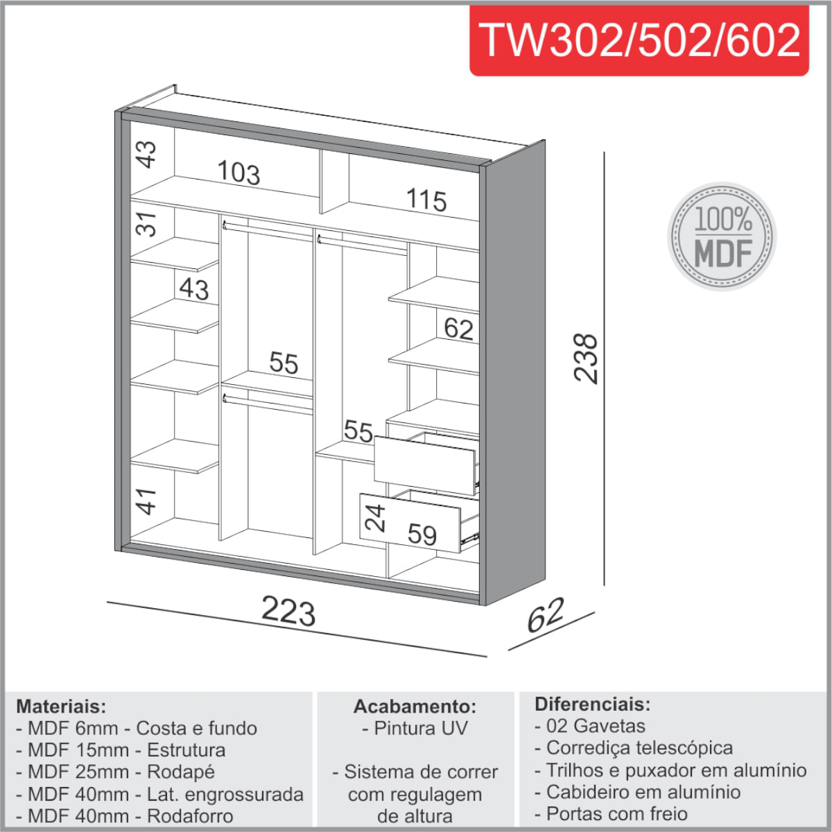 Encontraproduto.com.br - Guarda Roupas Com 2 Portas De Correr 223 Cm Em 100% Mdf Off White Dalla Costa