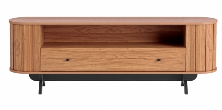 Encontraproduto.com.br - Rack Sala TV Curvo 180 cm Nicho e Gaveta em MDF Freijó com Preto Fosco Dalla Costa TB300JPF