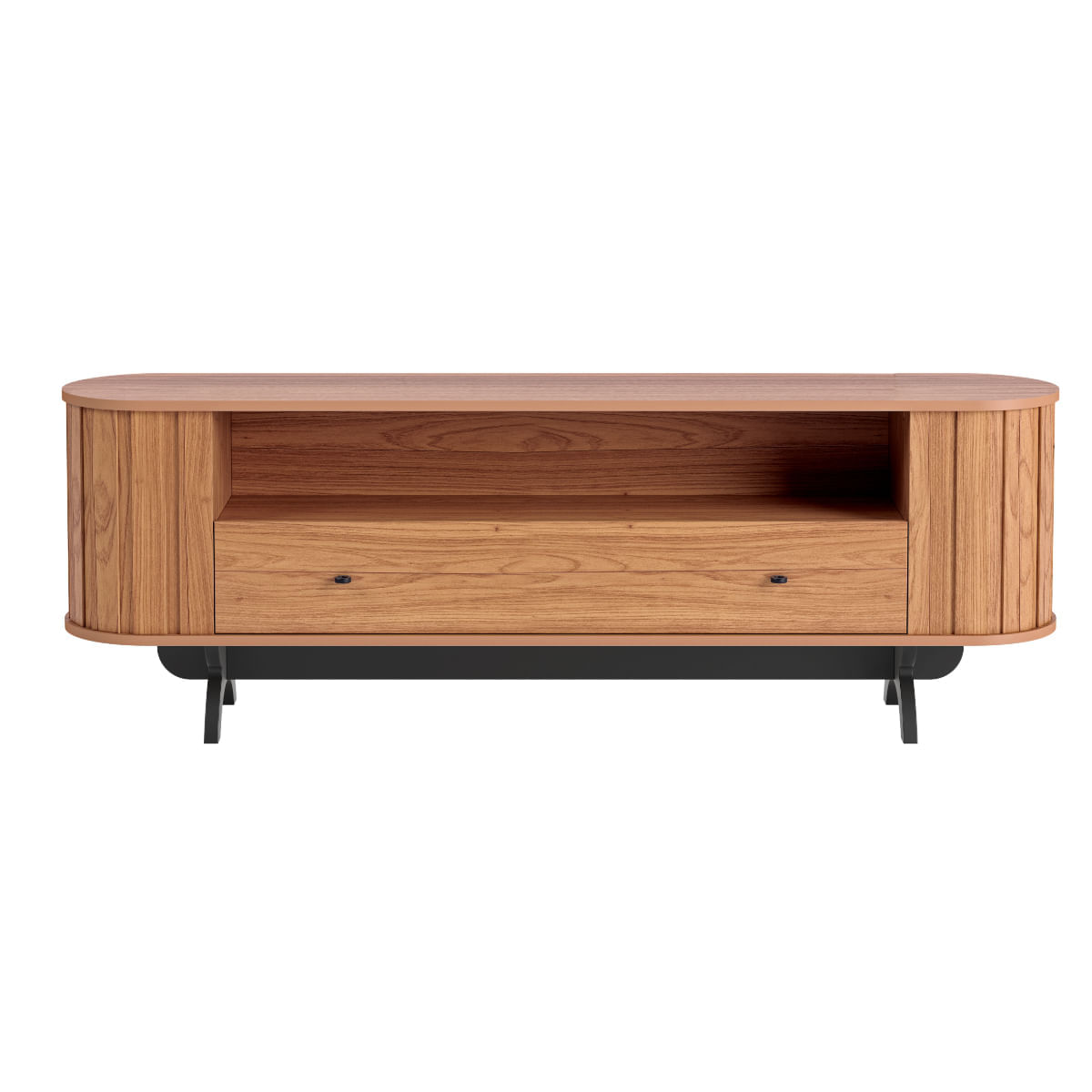 Encontraproduto.com.br - Rack Sala TV Curvo 180 cm Nicho e Gaveta em MDF Freijó com Preto Fosco Dalla Costa TB300JPF