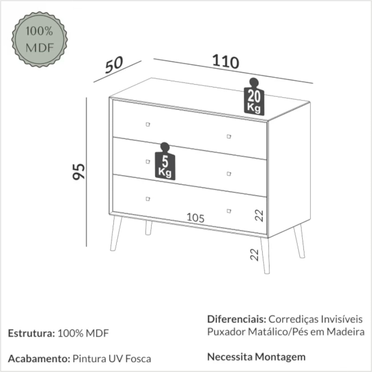 Encontraproduto.com.br - Cômoda Vintage Mdf Com 3 Gavetas Amplas Dalla Costa - Conferir Preço Freijó