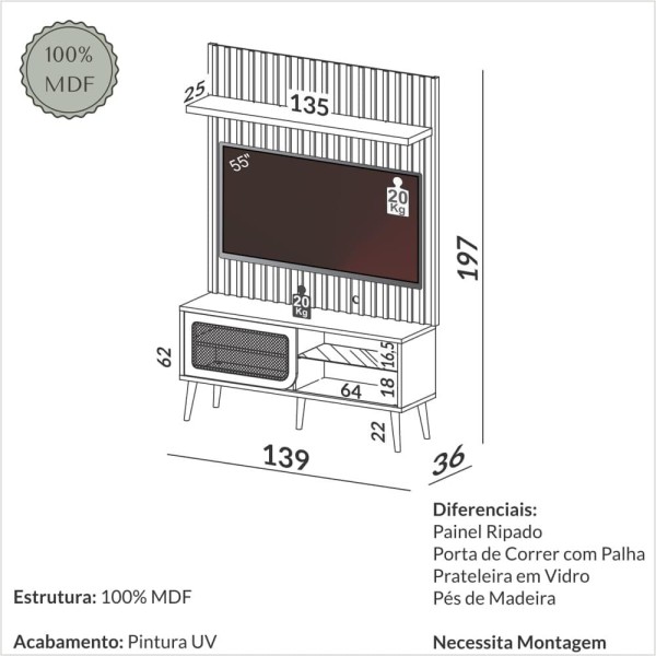 Encontraproduto.com.br - Rack Retrô Com Prateleira Em Vidro E Painel Ripado 1,97 M Freijó