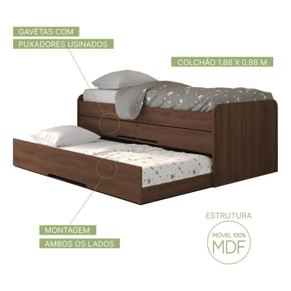 Encontraproduto.com.br - Cama De Solteiro Dupla Mdf Com Bau E 2 Gavetas Juliette Shop Jm Jacaranda