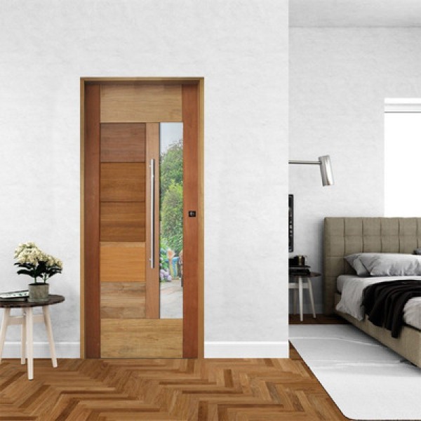 Kit Porta De Madeira Pivotante 210X92Cm Batente 14Cm Fechadura 803 Rolete Externa 3B Com Visor Cedro