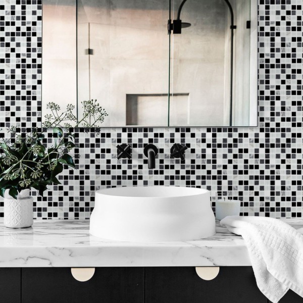 Adesivo de Azulejo Lavável Grudado Pastilha Preto e Branco Com 2 Folhas 45x60cm