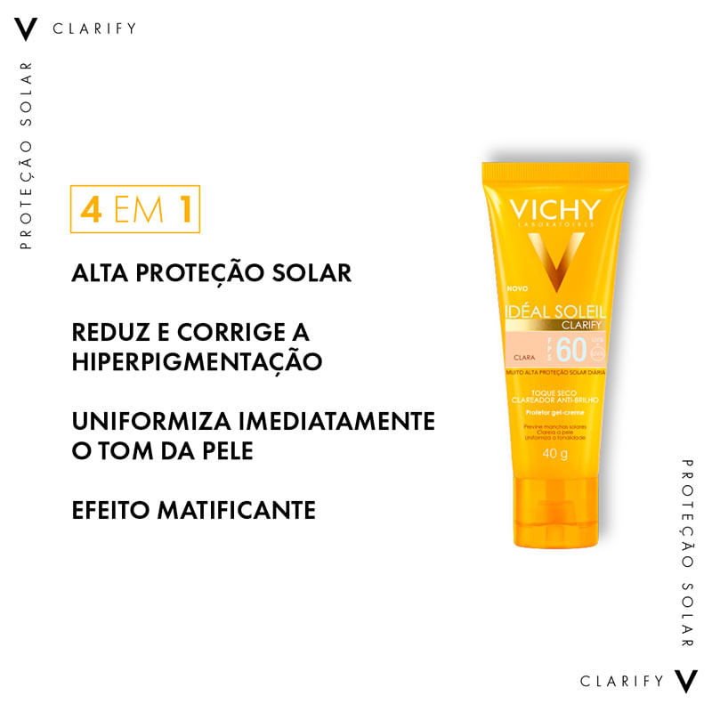 Encontraproduto.com.br - Protetor Solar Vichy Idéal Soleil Clarify Cor Extra Clara Fps 60 40g
