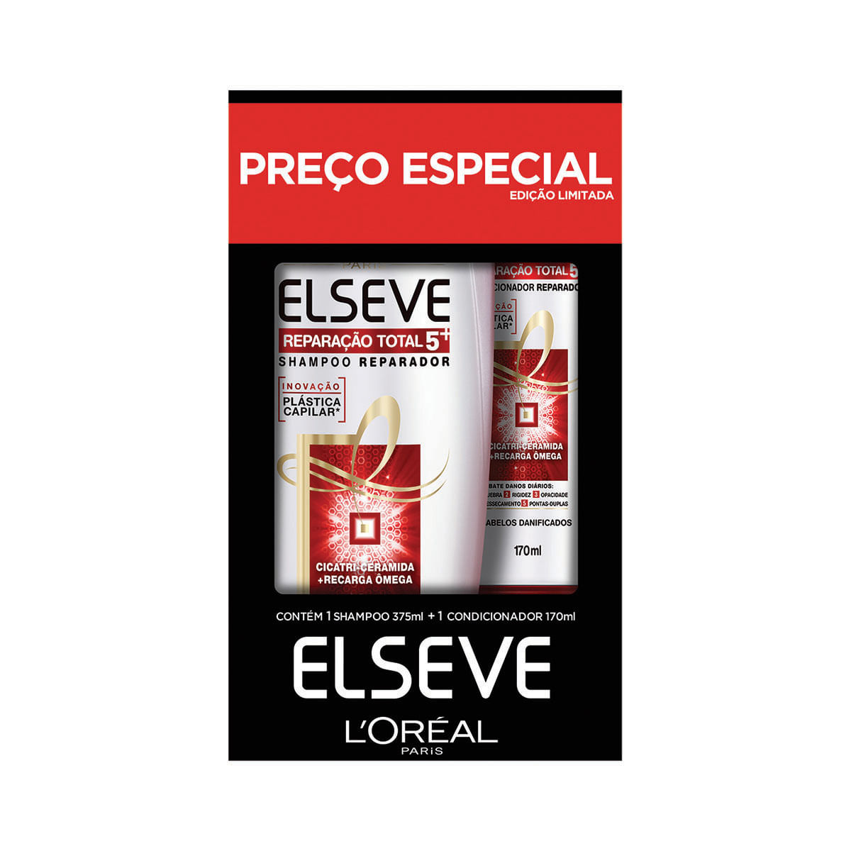 Encontraproduto.com.br - Conjunto Shampoo 375ml + Condicionador 170ml Elseve LOréal Reparação Total 5