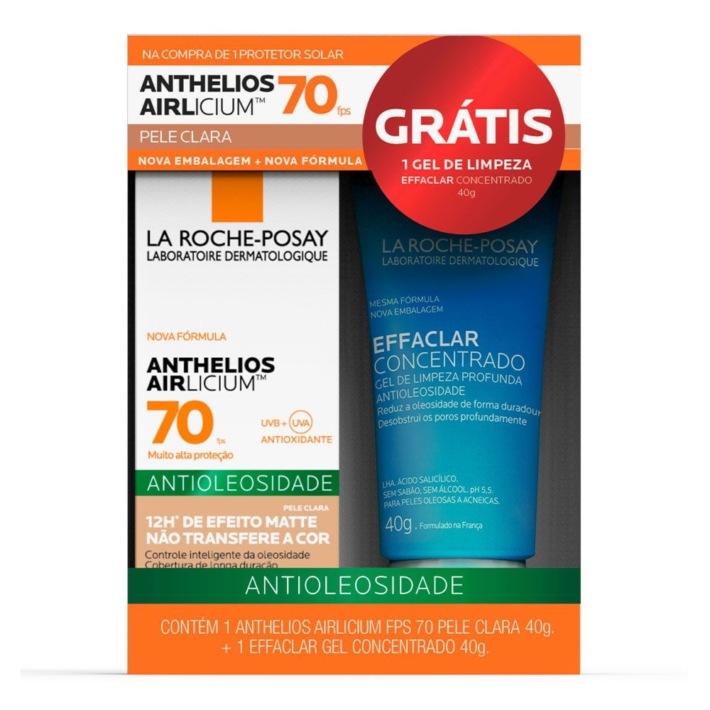 Encontraproduto.com.br - Protetor Solar Facial La Roche Posay Anthelios Airlicium Pele Clara Fps 70 Com 40g Gel de Limpeza Facial Effaclar Com 40g