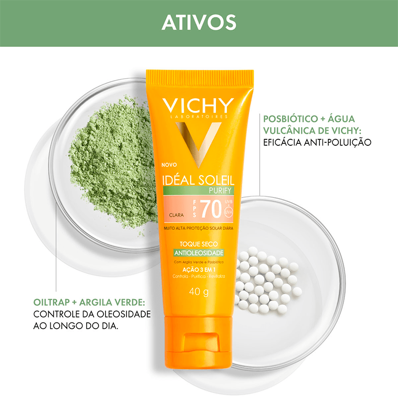 Encontraproduto.com.br - Vichy Protetor Solar Rosto FPS70 Ideal Soleil Purify Claro 40g