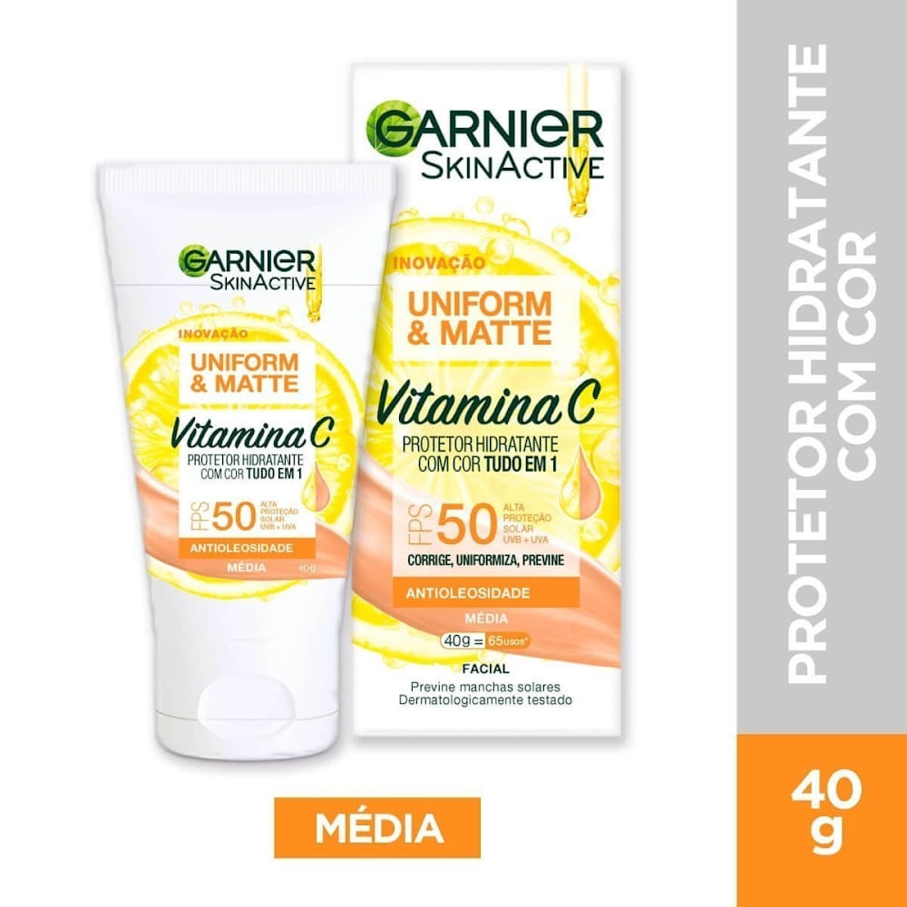 Encontraproduto.com.br - Protetor Hidratante Facial Garnier Uniform & Matte Tudo em 1 FPS50 Cor Média 40g