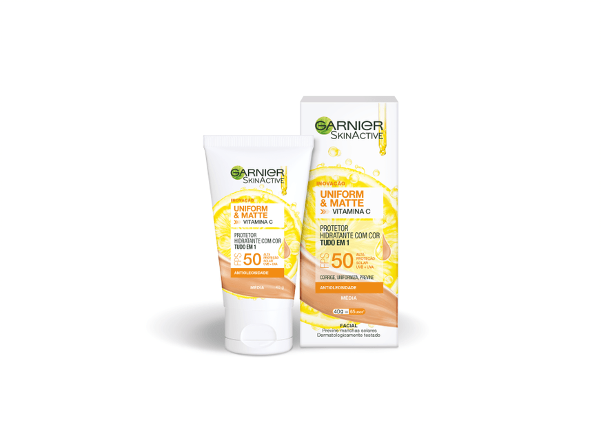 Encontraproduto.com.br - Protetor Hidratante Facial Garnier Uniform & Matte Tudo em 1 FPS50 Cor Média 40g