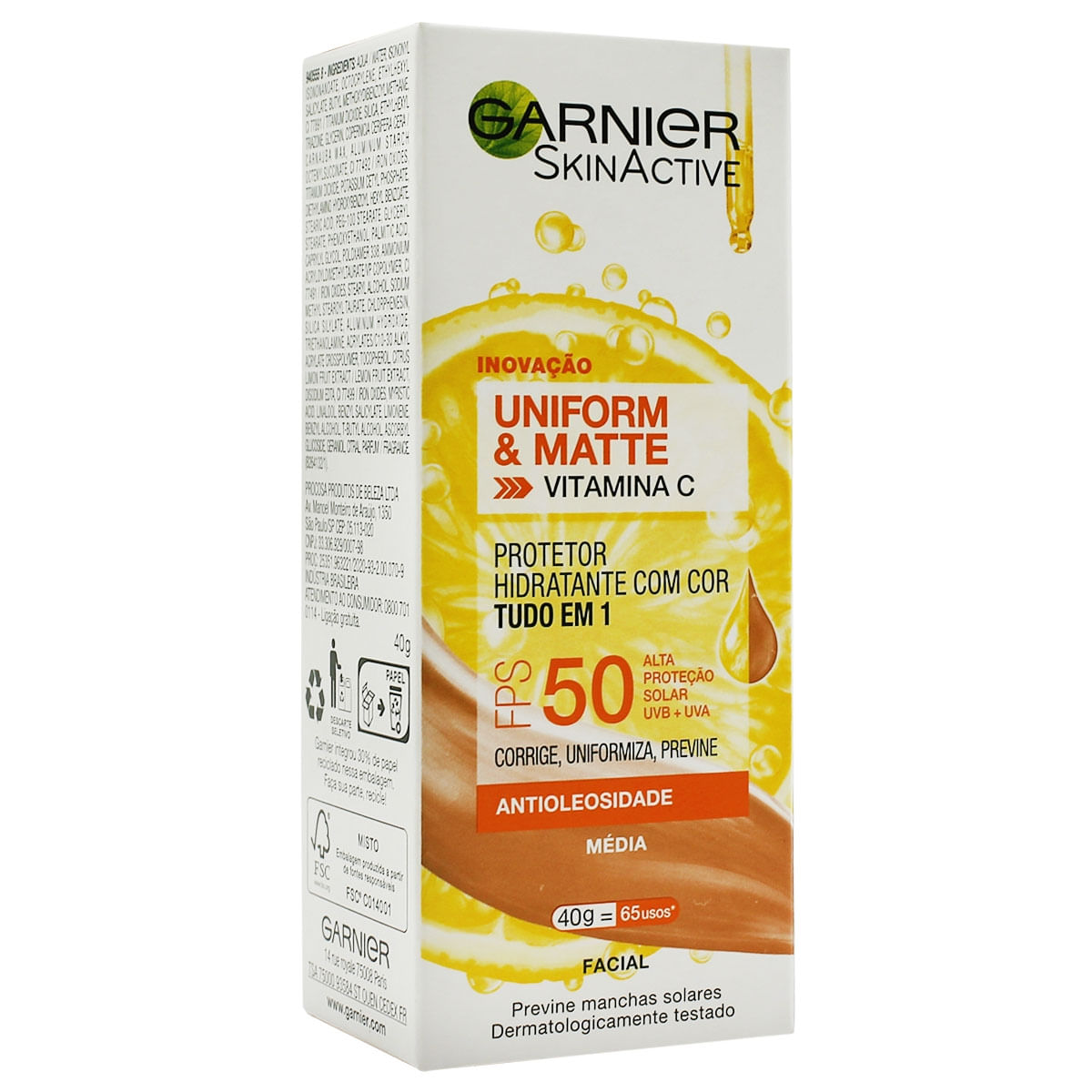 Encontraproduto.com.br - Protetor Hidratante Facial Garnier Uniform & Matte Tudo em 1 FPS50 Cor Média 40g