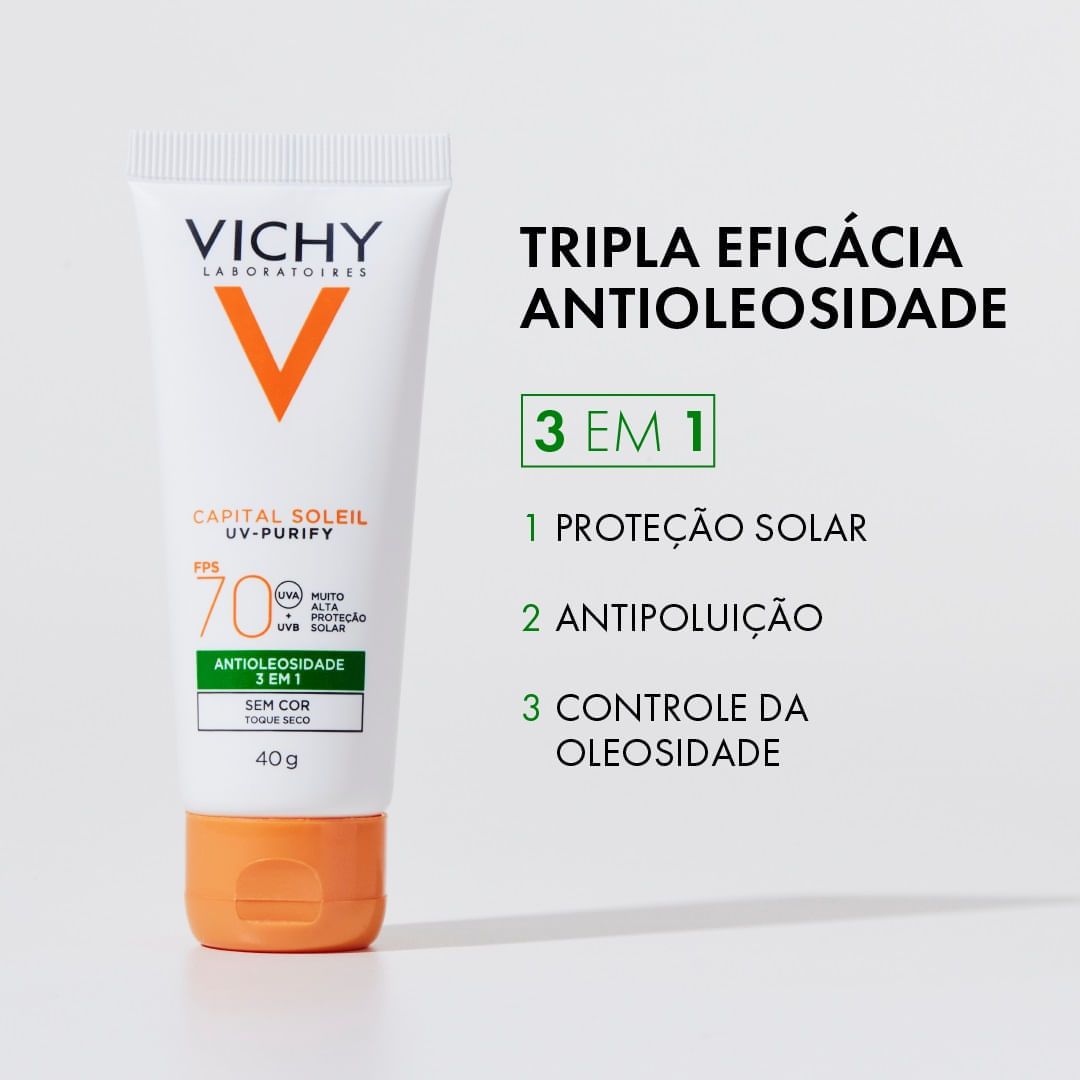 Encontraproduto.com.br - Protetor Solar Capital Vichy Soleil Purify 3 Em 1 F70 40g