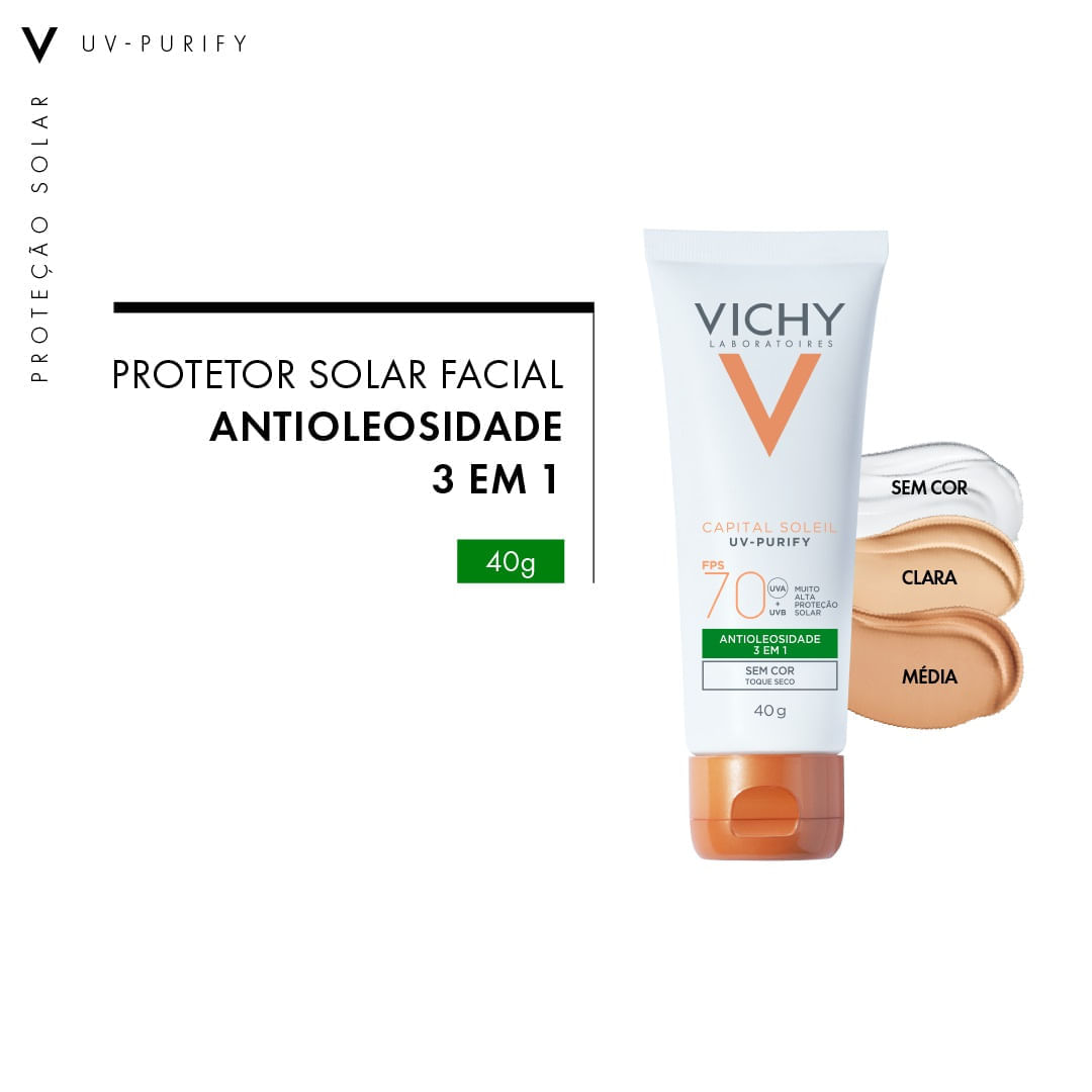 Encontraproduto.com.br - Protetor Solar Capital Vichy Soleil Purify 3 Em 1 F70 40g