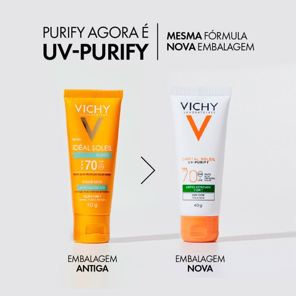 Encontraproduto.com.br - Vichy Protetor Solar Rosto FPS70 Purify Claro 40g