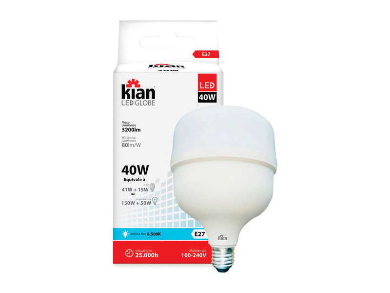 Encontraproduto.com.br - Lampada Led 40,0W 6,5K Globe Biv E27 6500K KIAN