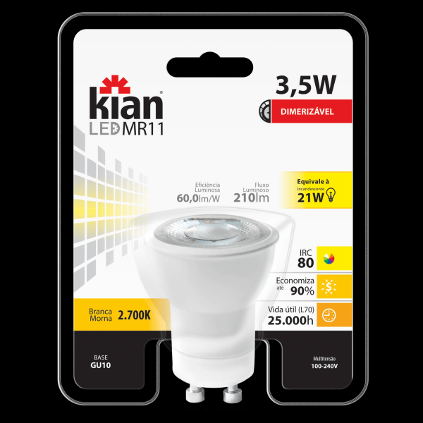 Encontraproduto.com.br - Lâmpada Led MR11 Dimerizável 3,5w 2.700K Bivolt GU10 - Kian