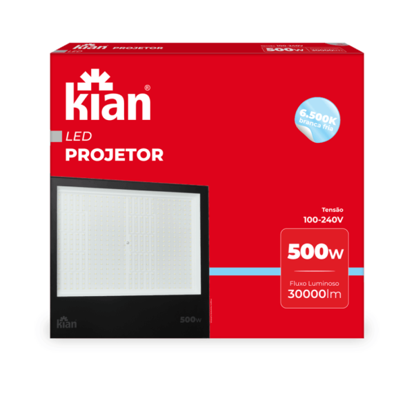 Encontraproduto.com.br - Refletor LED Bivolt 500W 6500K Branco Frio 30000 Lúmens 120 Graus Preto IP65 18082 Kian
