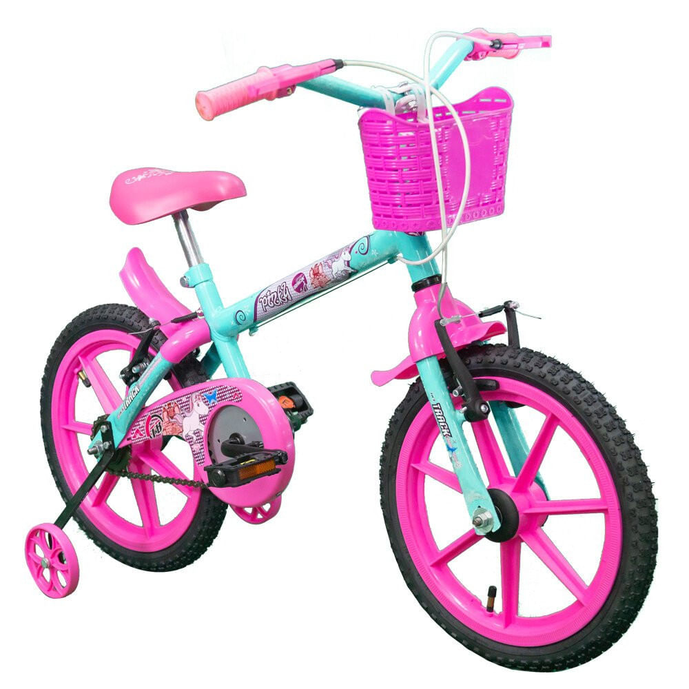 Encontraproduto.com.br - Bicicleta Infantil Pinky Aro 16 Rodinhas Laterais Track E Bike Azul/rosa